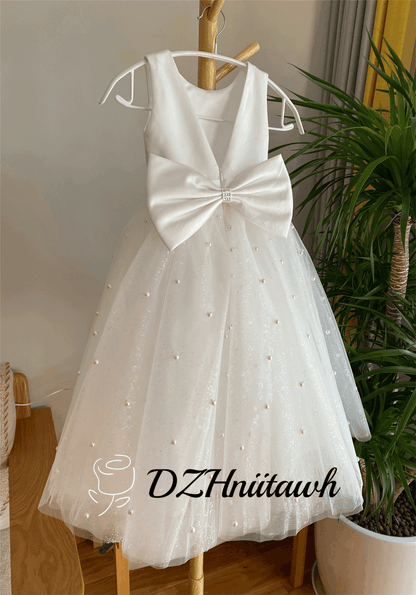 Sparkle tulle off white flower girl dress, V back flower girl dress, glitter tulle flower girl dress with pearls