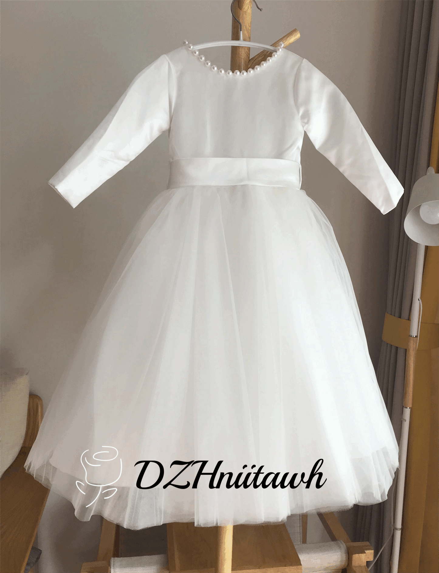 Off white flower girl dress, v back top dress with pearls, Communion dress with long sleeves