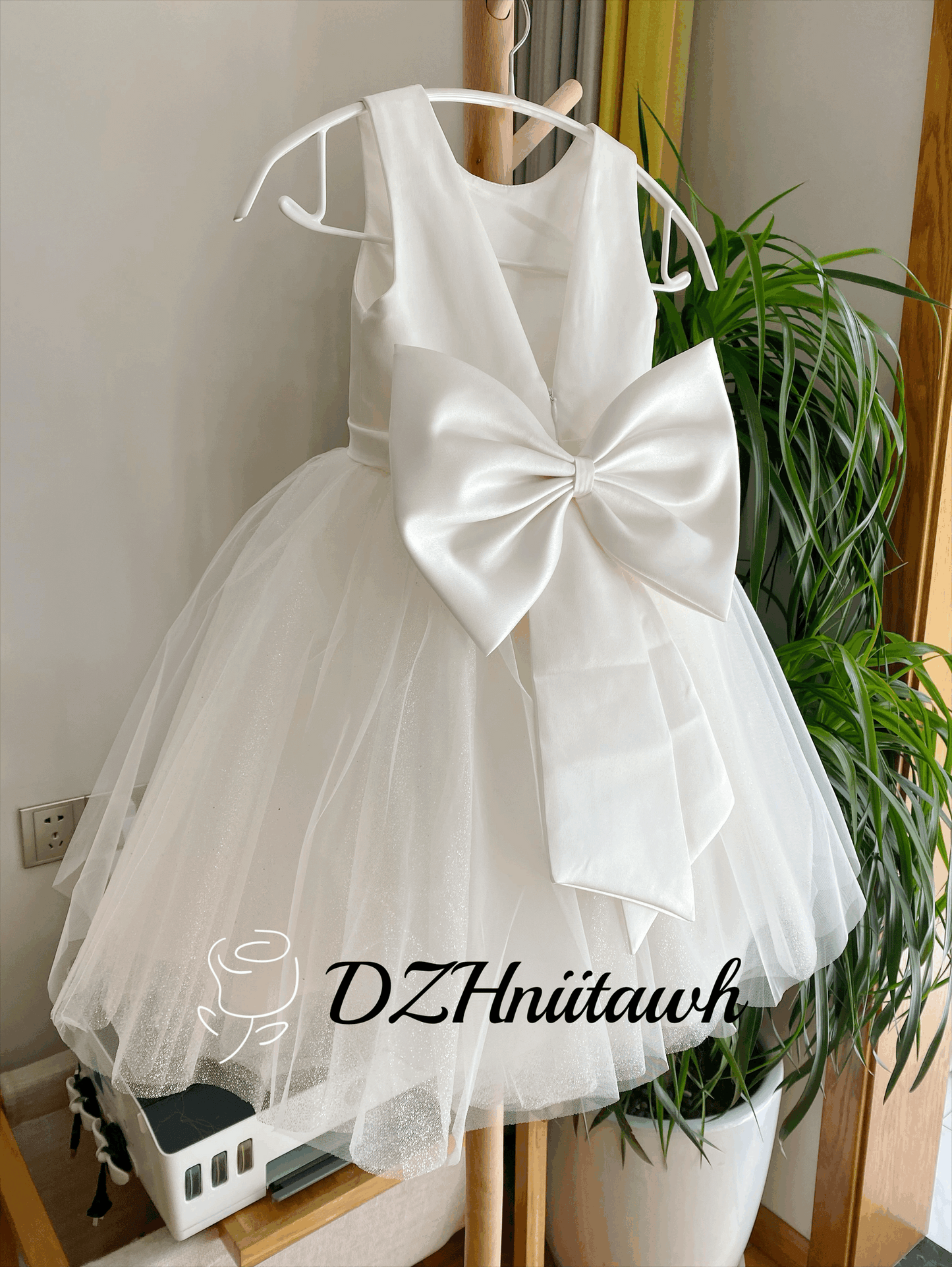 Glitter tulle off white flower girl dress, silver sparkle flower girl dress, communion dress, tutu dress with big bow