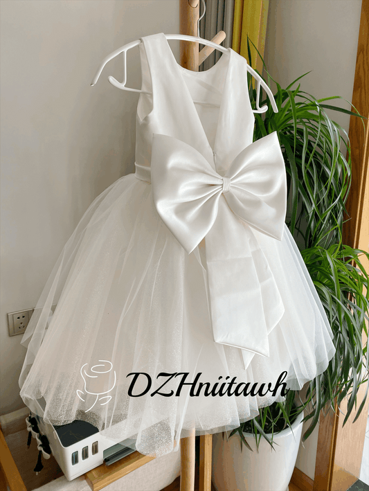 Glitter tulle off white flower girl dress, silver sparkle flower girl dress, communion dress, tutu dress with big bow