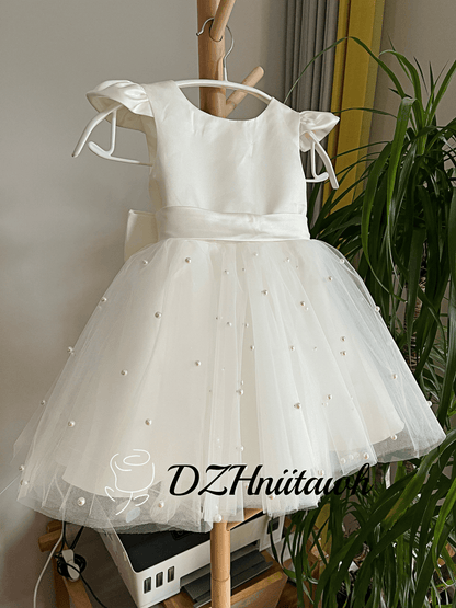 Light ivory flower girl dress with pearls, v back top flower girl dress, pearls tulle flower girl dress tea length, birthday communion tutu girl dress