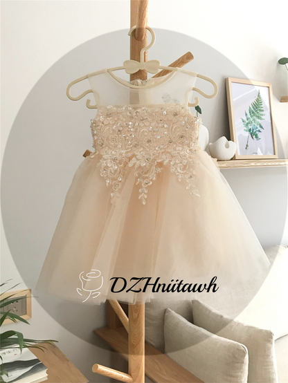 Lace flower girl dress, Beaded champagne dress, tulle girl dress, communion dress