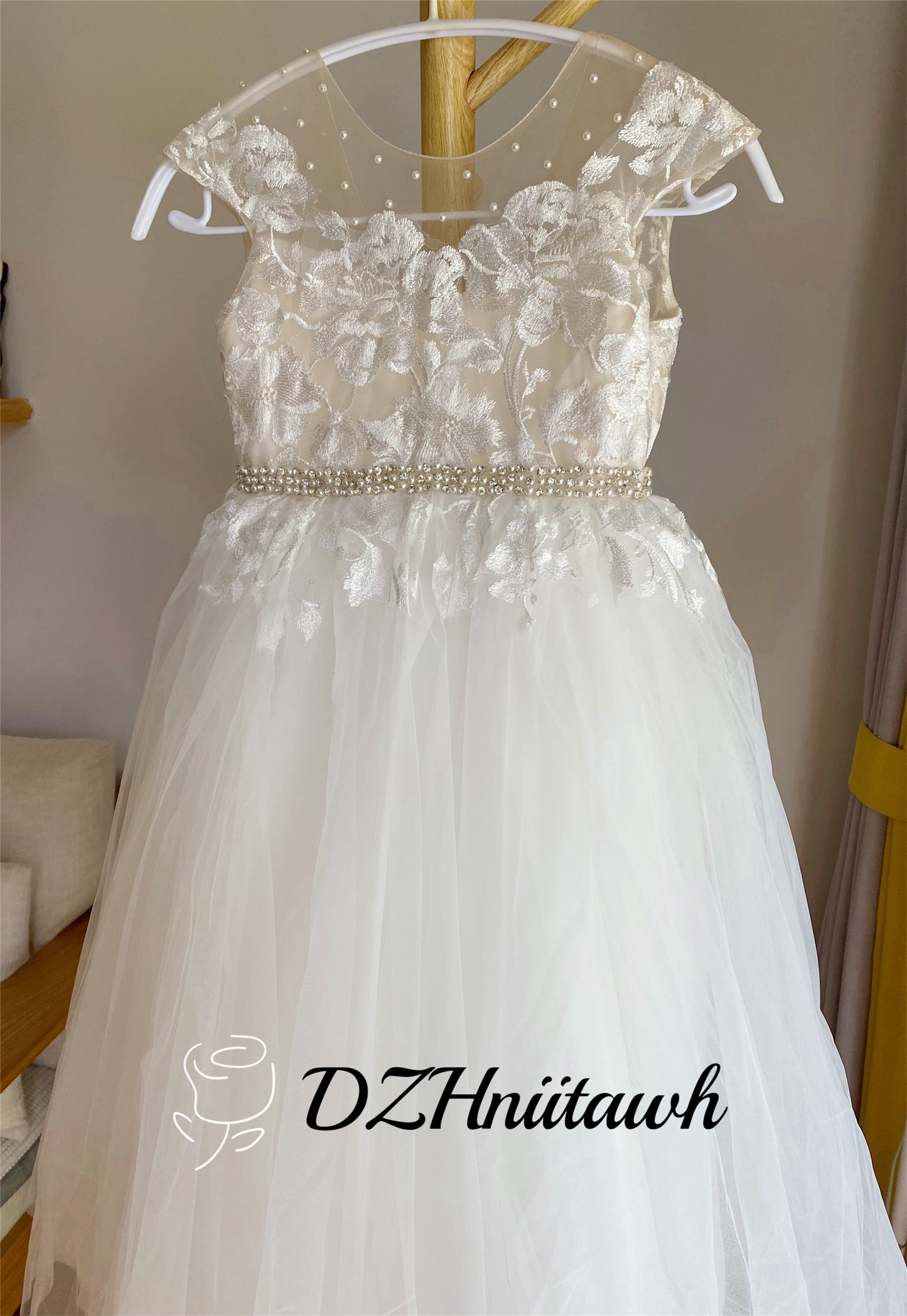 Lace flower girl dress with pearls beaded sash, lace applique V back top with beaded pearls, communion dress cap with sleeves