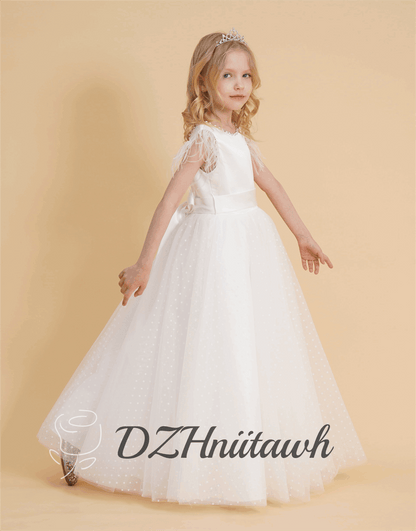 Feather sleeves off white flower girl dress, dot tulle flower girl dress, V back top dress with beaded, communion dress