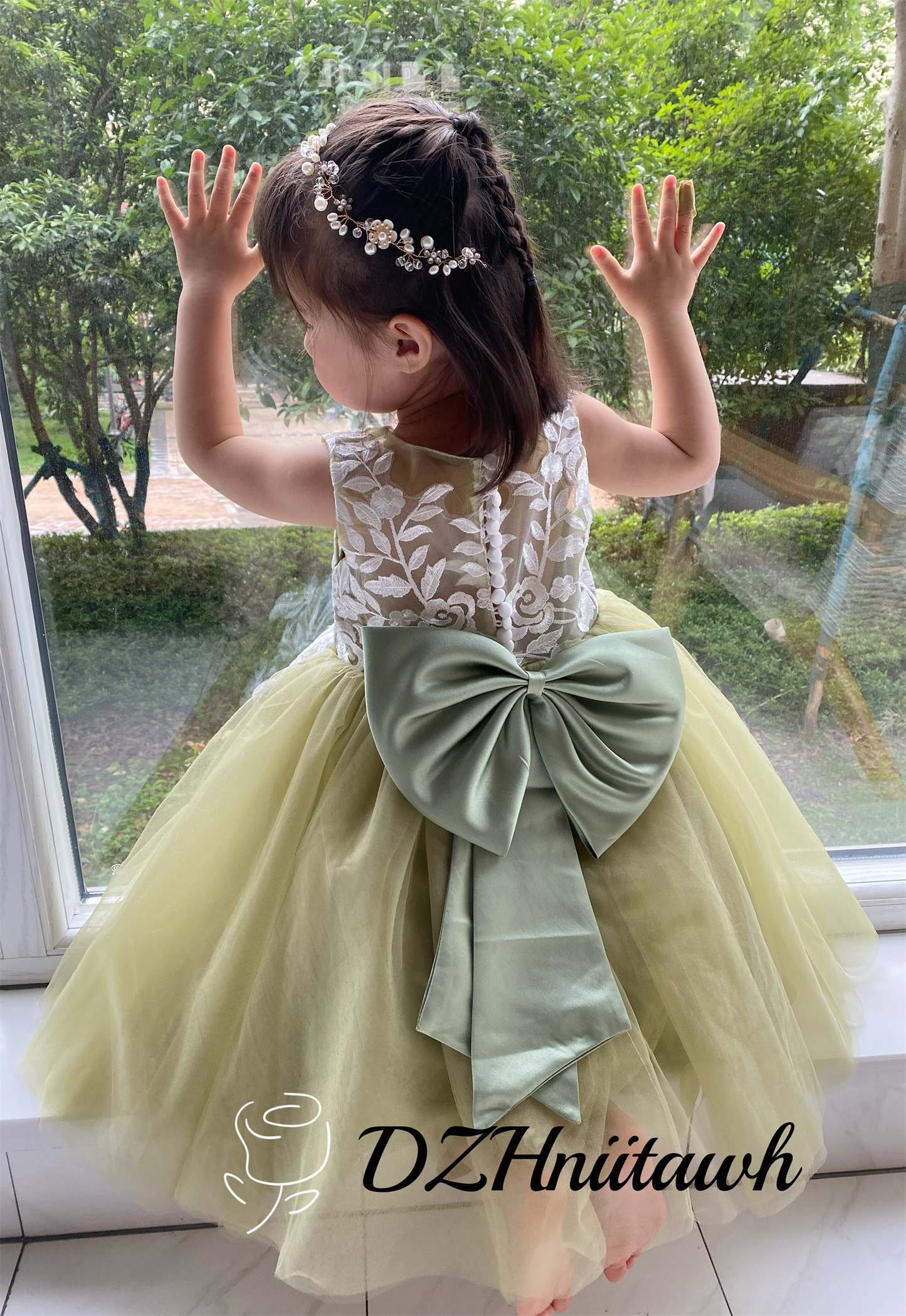 Sage green flower girl dress, lace flower girl dress, illusion birthday girl dress with lace applique