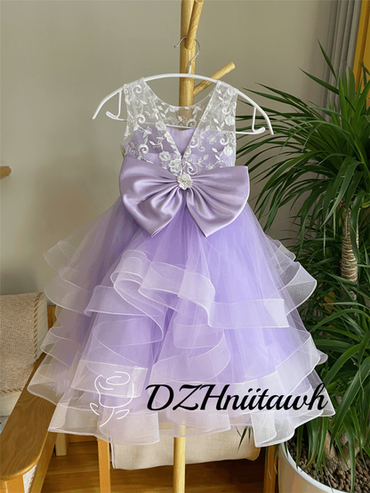 Lace flower girl dress purple color, tulle flower girl dress, illusion birthday girl dress with lace applique, layered flower girl dress