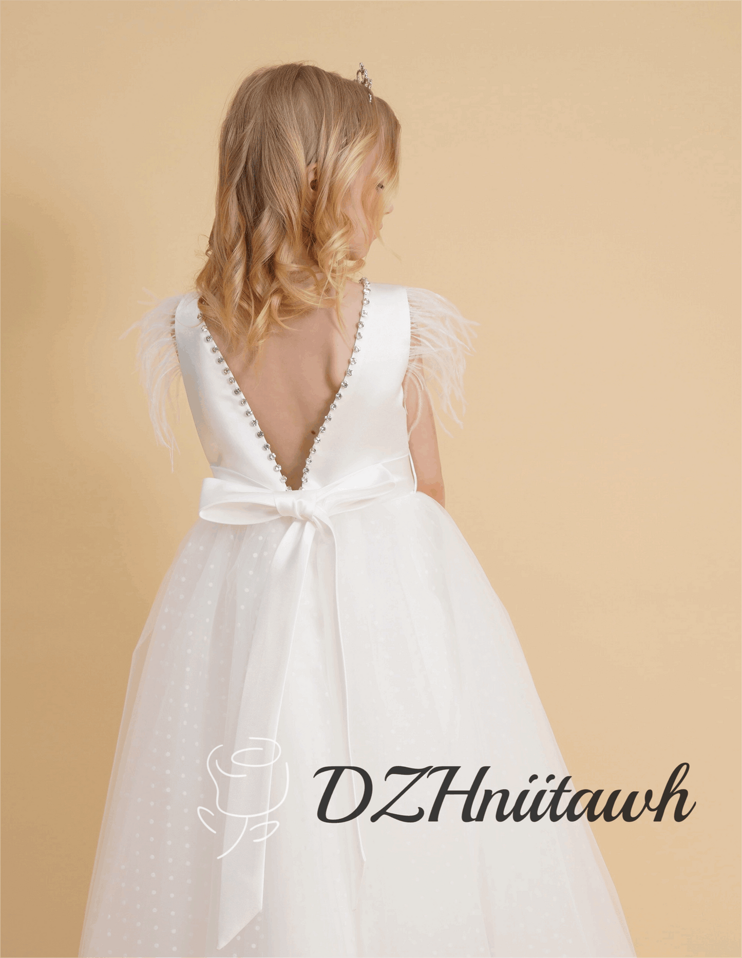 Feather sleeves off white flower girl dress, dot tulle flower girl dress, V back top dress with beaded, communion dress