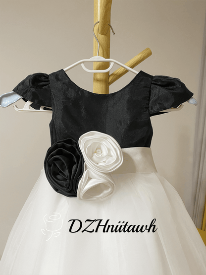 Flower girl dress, black top with off white tulle skirt flower girl dress, communion dress cap sleeves flower sash floor length