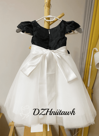 Flower girl dress, black top with off white tulle skirt flower girl dress, communion dress cap sleeves flower sash floor length