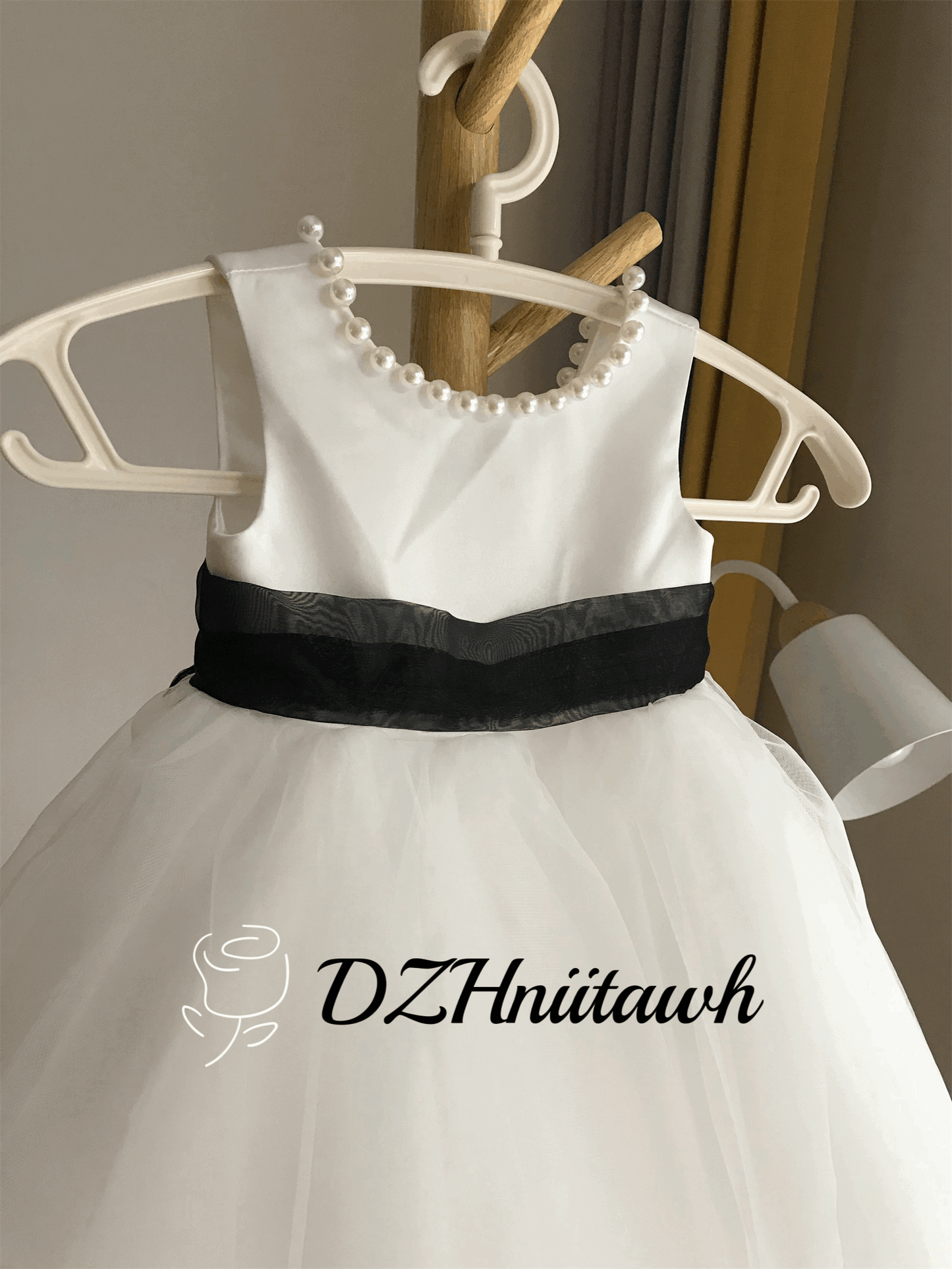 Tulle flower girl dress, v back top dress with pearls, communion dress with black sash bow