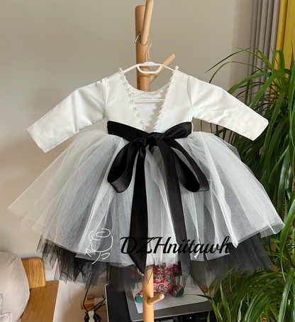 Off white black sash v back pearls flower girl dress, tutu flower girl dress, off white black tulle birthday girl dress floor length