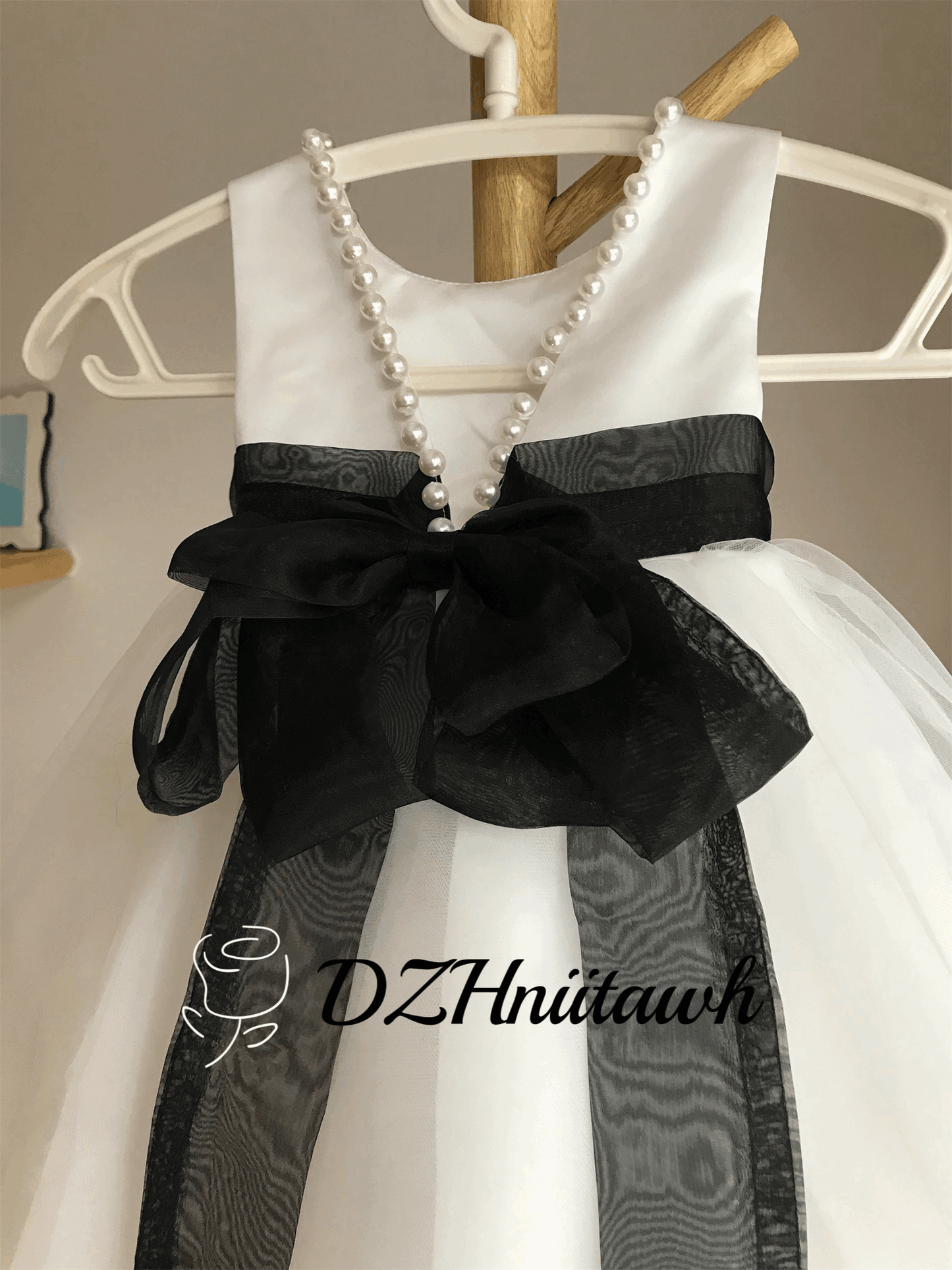 Tulle flower girl dress, v back top dress with pearls, communion dress with black sash bow