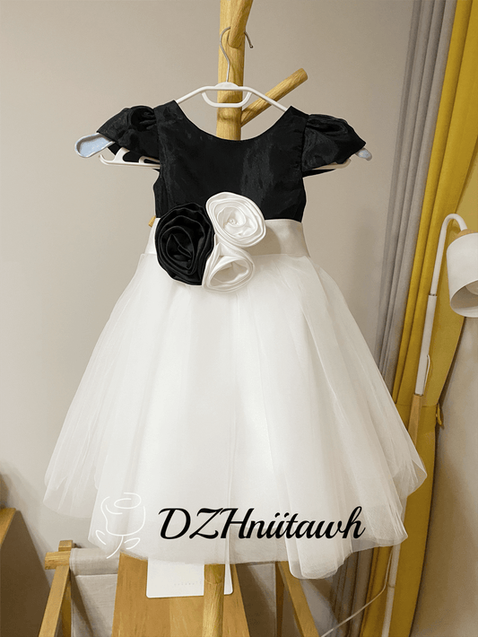 Flower girl dress, black top with off white tulle skirt flower girl dress, communion dress cap sleeves flower sash floor length