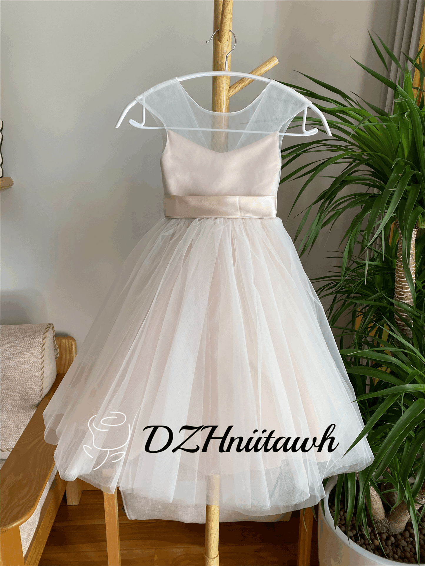 Blush flower girl dress, tulle flower girl dress, illusion girl dress, tutu flower girl dress tea length