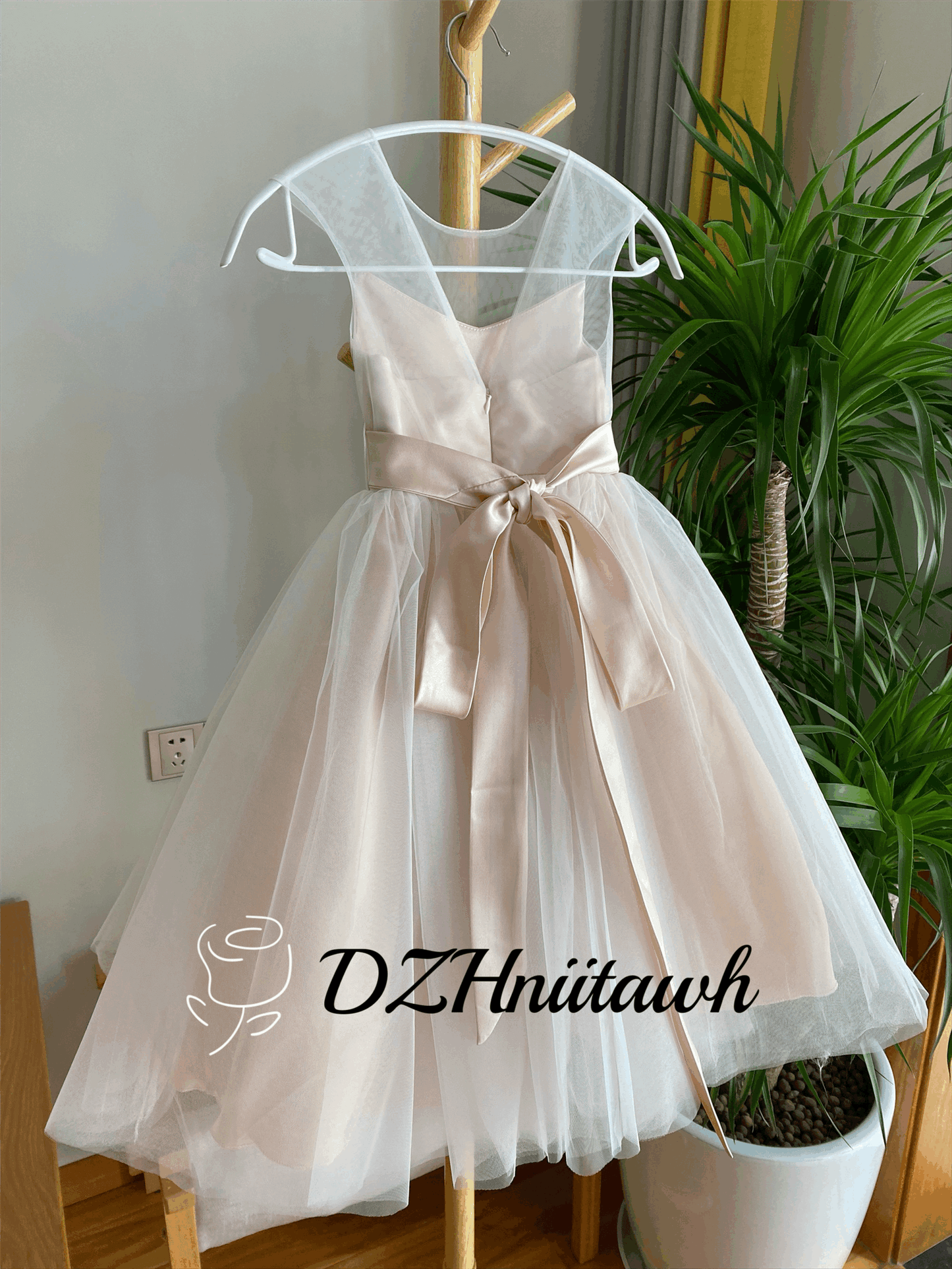 Blush flower girl dress, tulle flower girl dress, illusion girl dress, tutu flower girl dress tea length