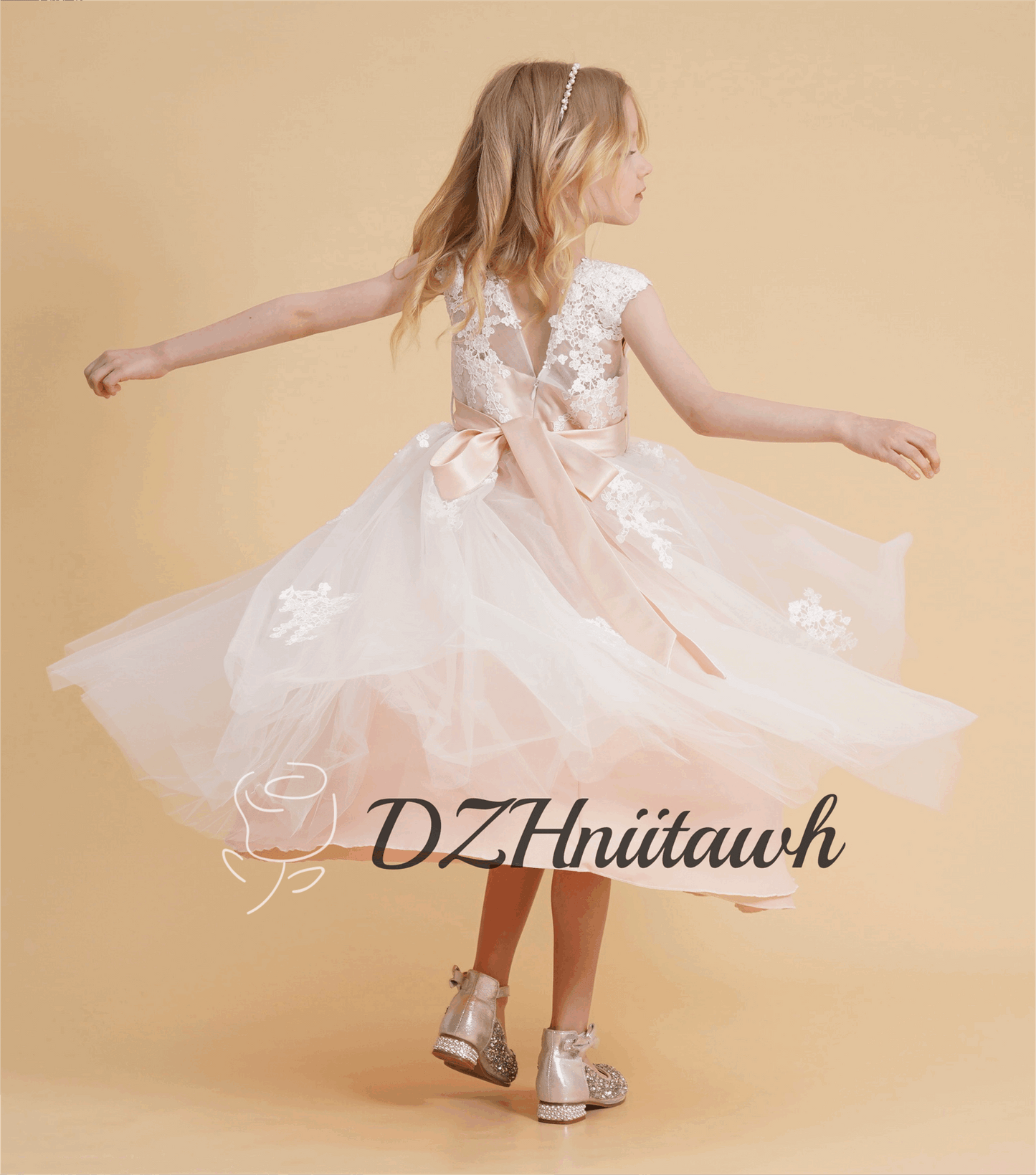 Blush lace flower girl dress, tulle flower girl dress, illusion birthday girl dress with lace applique, tutu flower girl dress tea length