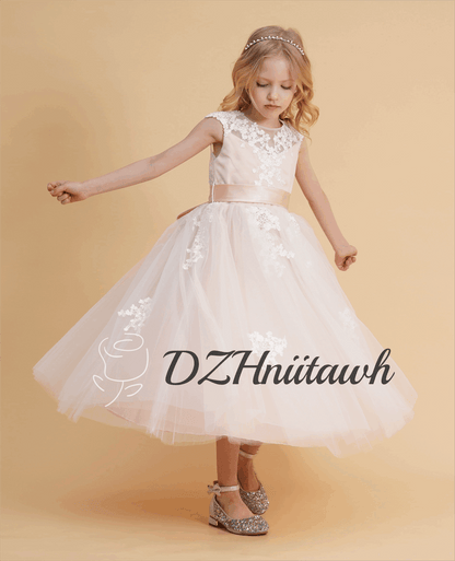 Blush lace flower girl dress, tulle flower girl dress, illusion birthday girl dress with lace applique, tutu flower girl dress tea length