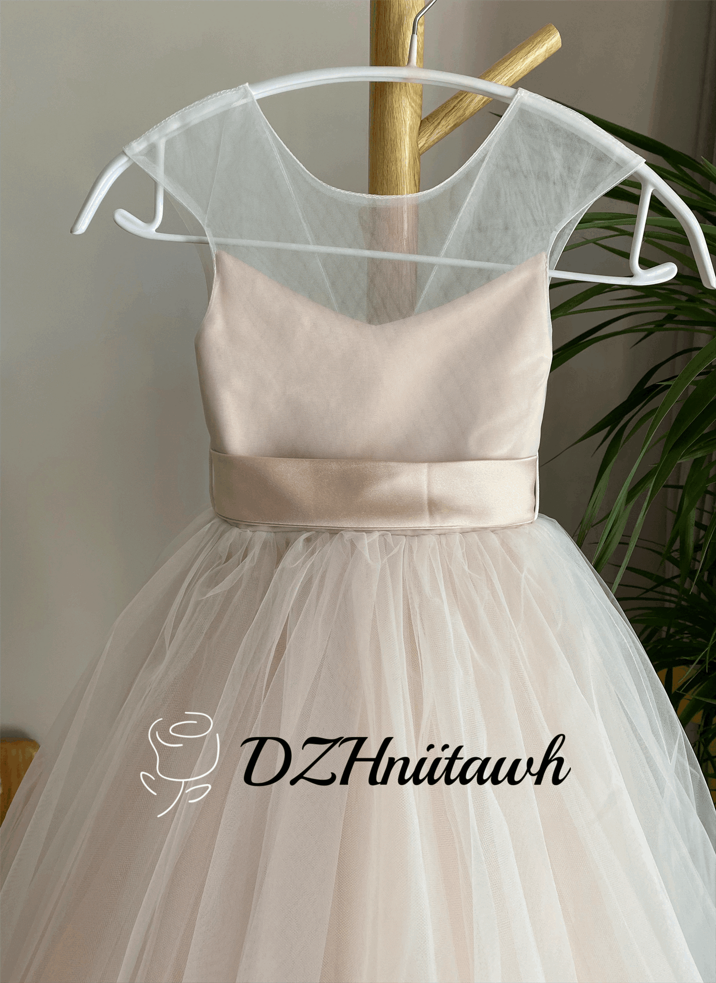 Blush flower girl dress, tulle flower girl dress, illusion girl dress, tutu flower girl dress tea length