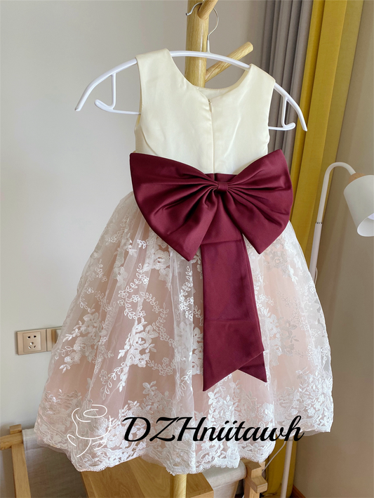 Lace flower girl dress, tulle flower girl dress, ivory top burgundy sash with big bow, lace tulle birthday girl dress