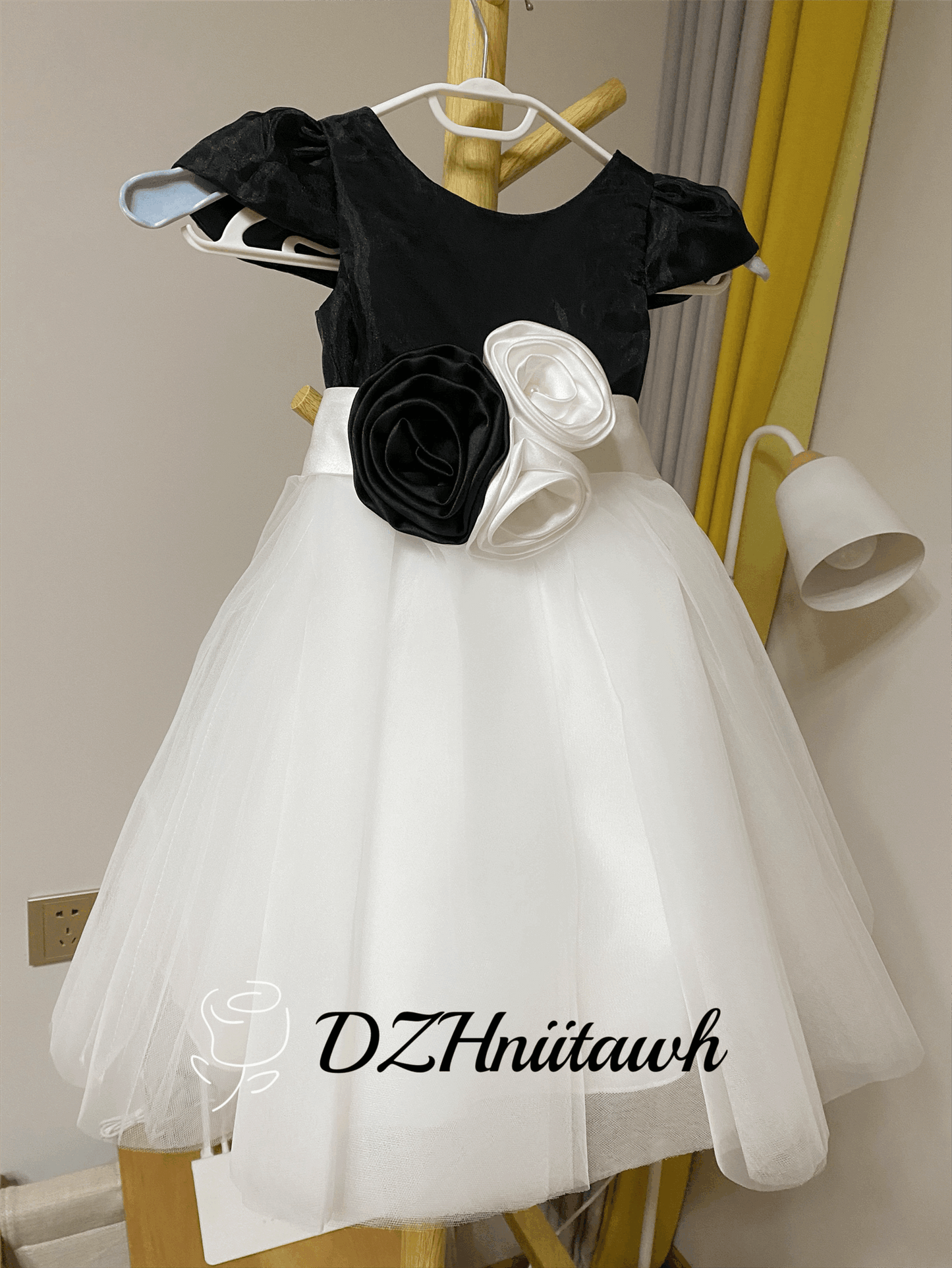 Flower girl dress, black top with off white tulle skirt flower girl dress, communion dress cap sleeves flower sash floor length