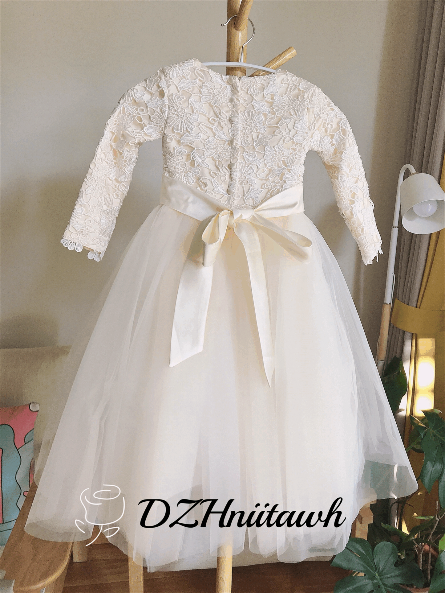 Lace tulle flower girl dress, champagne flower girl dress long sleeves, first communion dress floor length