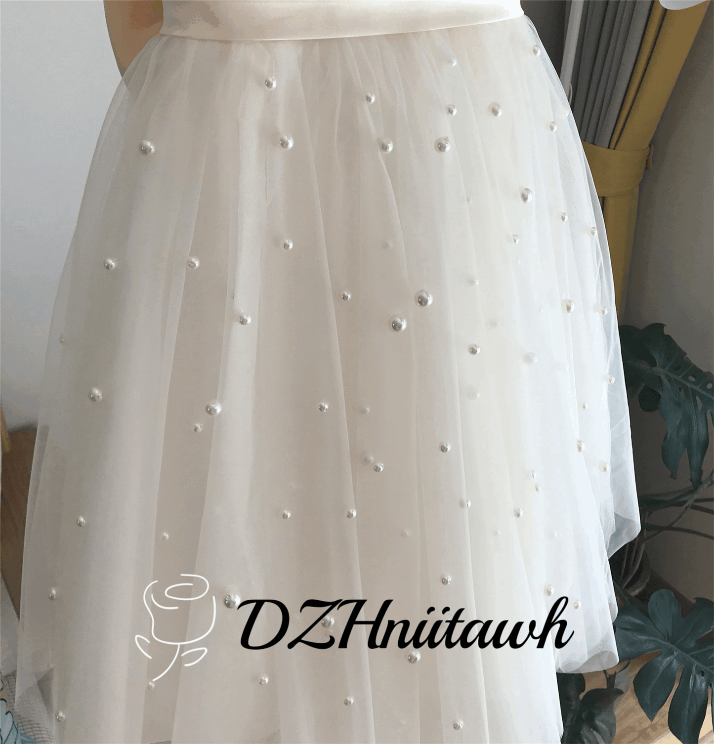 Off white top flower girl dress, light champagne tulle flower girl dress with pearls