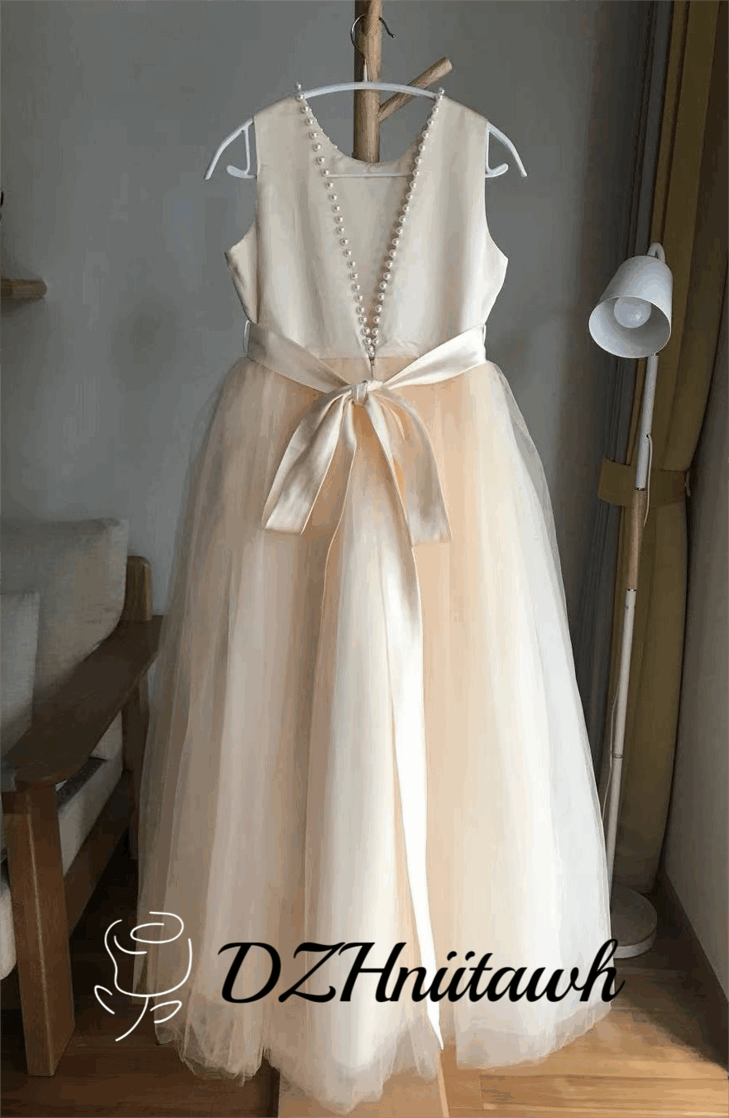 Tulle ivory off white champagne flower girl dress, v back top dress with pearls, communion dress