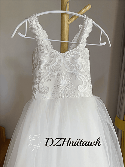 Tulle off white flower girl dress, lace flower girl dress, communion floor length dress, sweetheart neckline dress