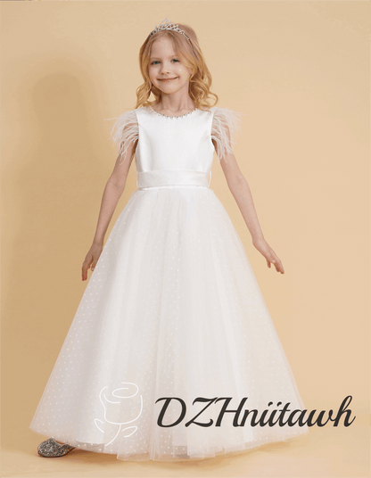 Feather sleeves off white flower girl dress, dot tulle flower girl dress, V back top dress with beaded, communion dress