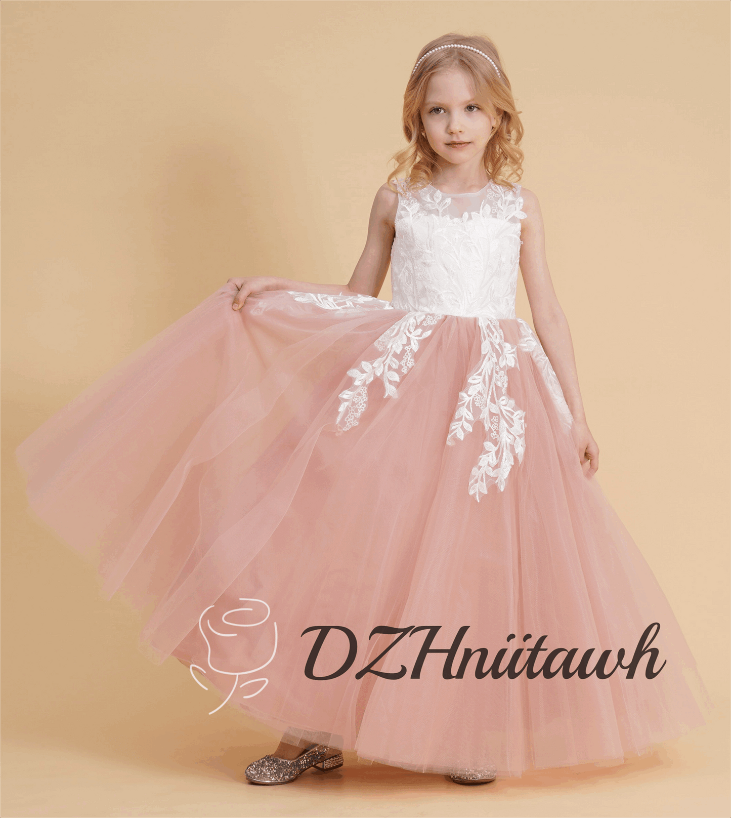 Dusty rose flower girl dress, off white top lace flower girl dress, illusion birthday girl dress with lace applique, tutu flower girl dress floor length