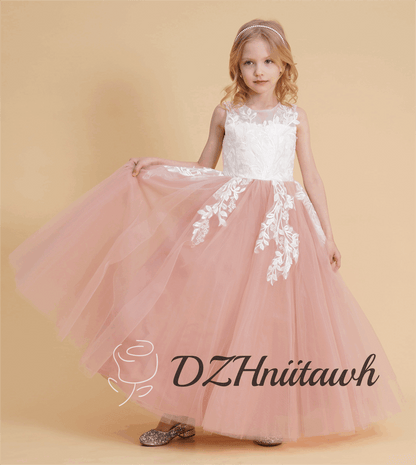 Dusty rose flower girl dress, off white top lace flower girl dress, illusion birthday girl dress with lace applique, tutu flower girl dress floor length