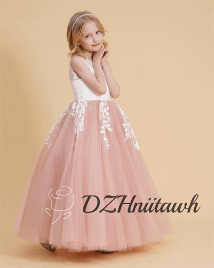 Dusty rose flower girl dress, off white top lace flower girl dress, illusion birthday girl dress with lace applique, tutu flower girl dress floor length