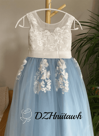 Dusty blue flower girl dress, lace flower girl dress, off white top dusty blue skirt girl dress floor length