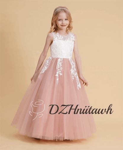 Dusty rose flower girl dress, off white top lace flower girl dress, illusion birthday girl dress with lace applique, tutu flower girl dress floor length