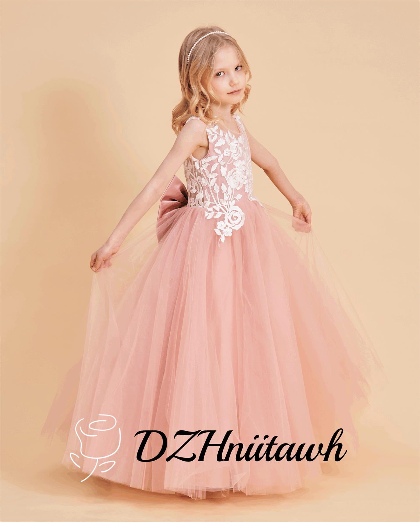 Dusty rose flower girl dress, lace flower girl dress, illusion birthday girl dress with lace applique