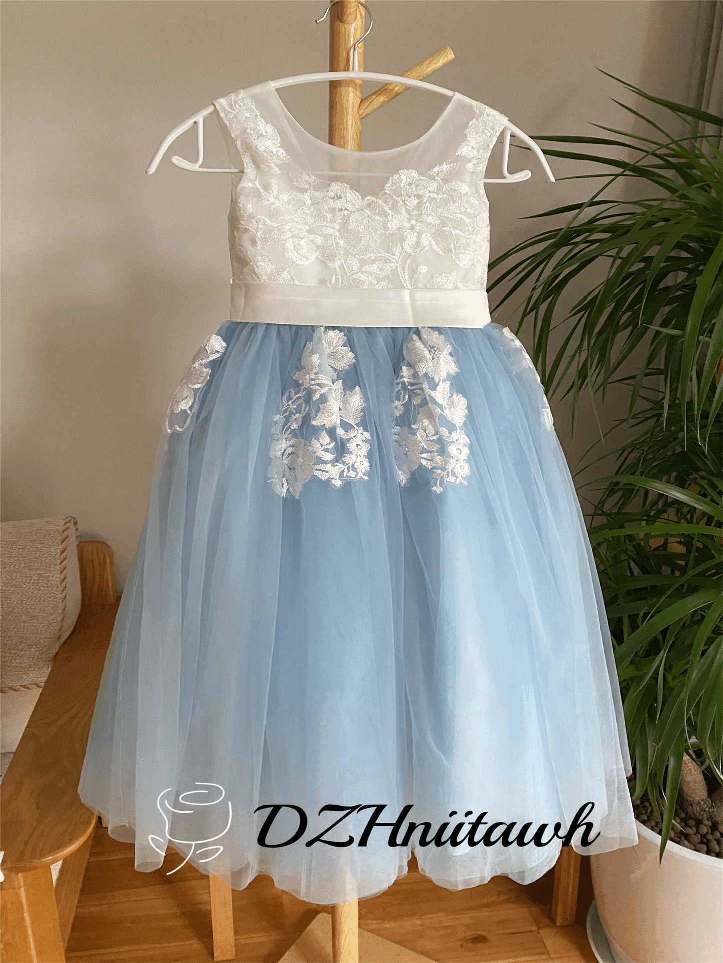 Dusty blue flower girl dress, lace flower girl dress, off white top dusty blue skirt girl dress floor length