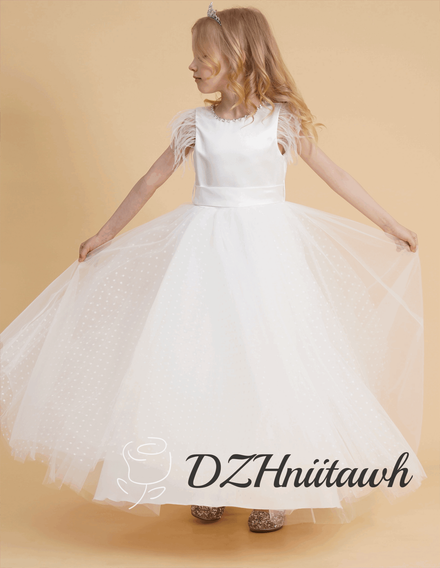 Feather sleeves off white flower girl dress, dot tulle flower girl dress, V back top dress with beaded, communion dress