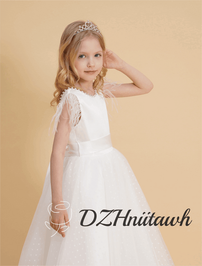 Feather sleeves off white flower girl dress, dot tulle flower girl dress, V back top dress with beaded, communion dress