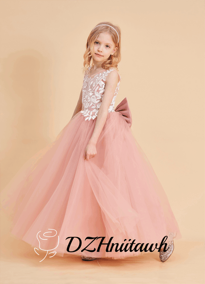 Dusty rose flower girl dress, lace flower girl dress, illusion birthday girl dress with lace applique