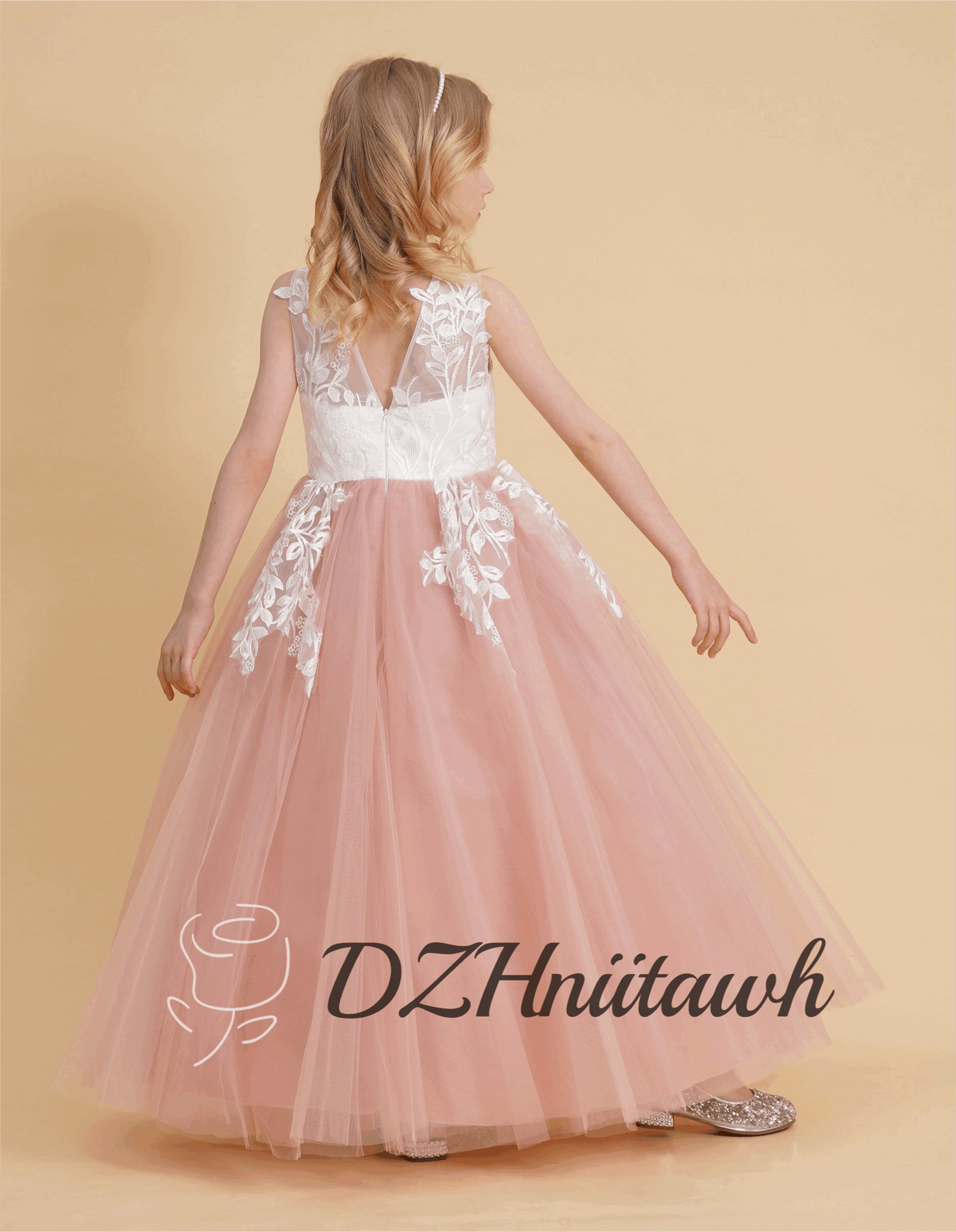 Dusty rose flower girl dress, off white top lace flower girl dress, illusion birthday girl dress with lace applique, tutu flower girl dress floor length