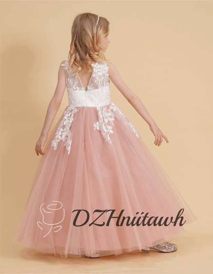 Dusty rose flower girl dress, off white top lace flower girl dress, illusion birthday girl dress with lace applique, tutu flower girl dress floor length