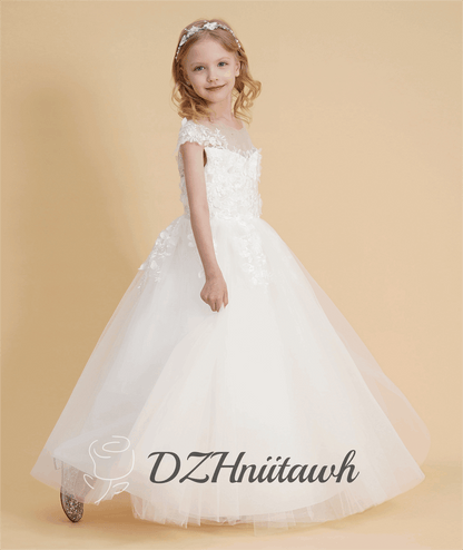 3D Lace flower girl dress off white color, tulle flower girl dress, communion dress, birthday girl dress with floor length