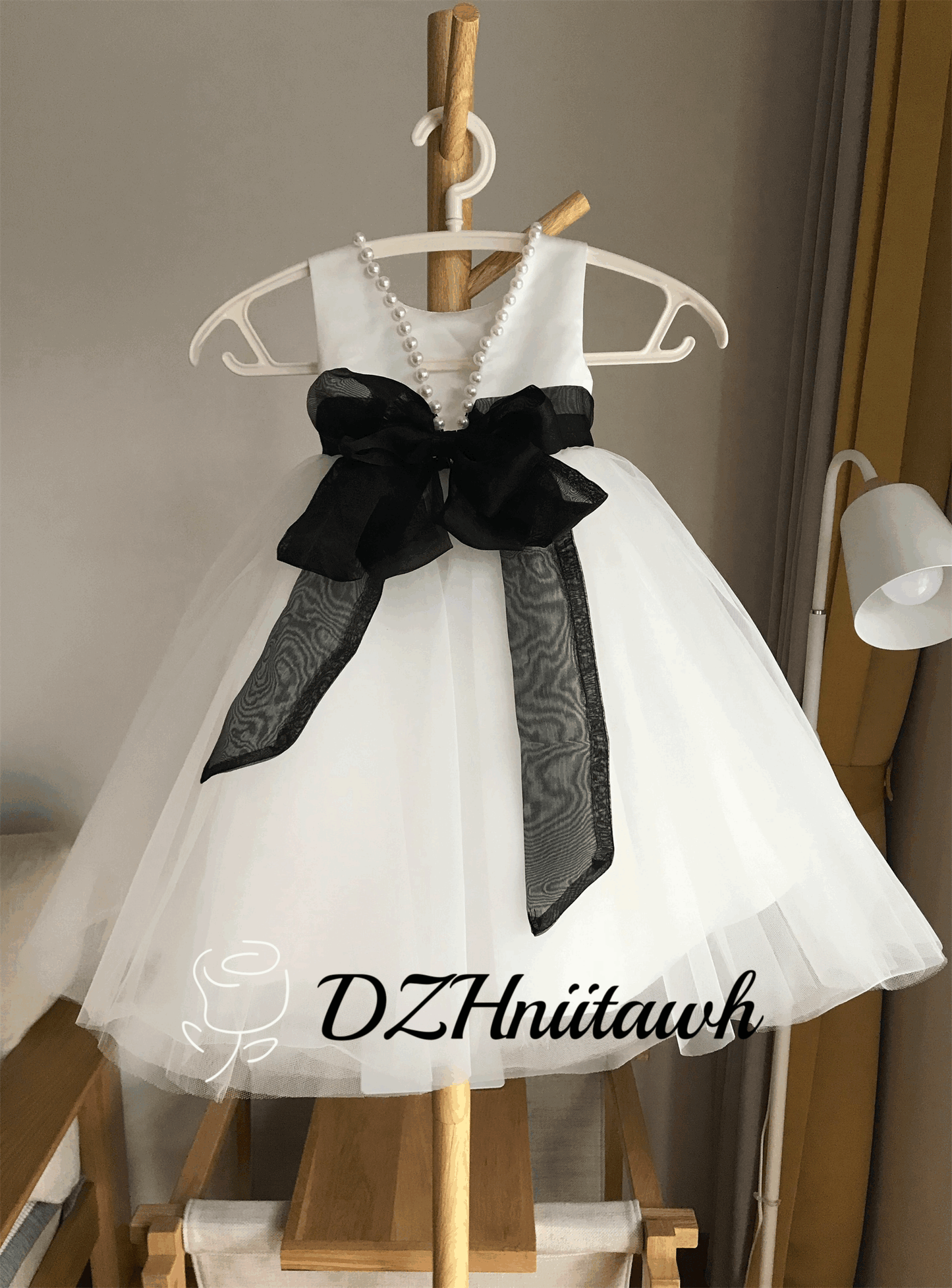 Tulle flower girl dress, v back top dress with pearls, communion dress with black sash bow