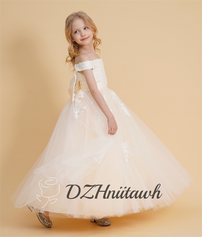 Lace champagne flower girl dress, off shoulder tulle flower girl dress, birthday girl dress with lace applique floor length