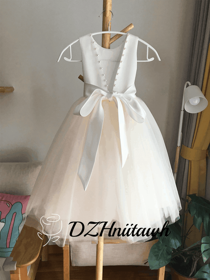 Tulle ivory off white champagne flower girl dress, v back top dress with pearls, communion dress