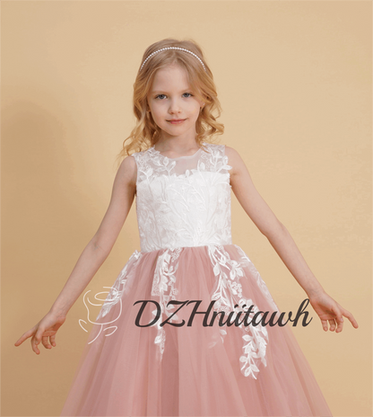 Dusty rose flower girl dress, off white top lace flower girl dress, illusion birthday girl dress with lace applique, tutu flower girl dress floor length