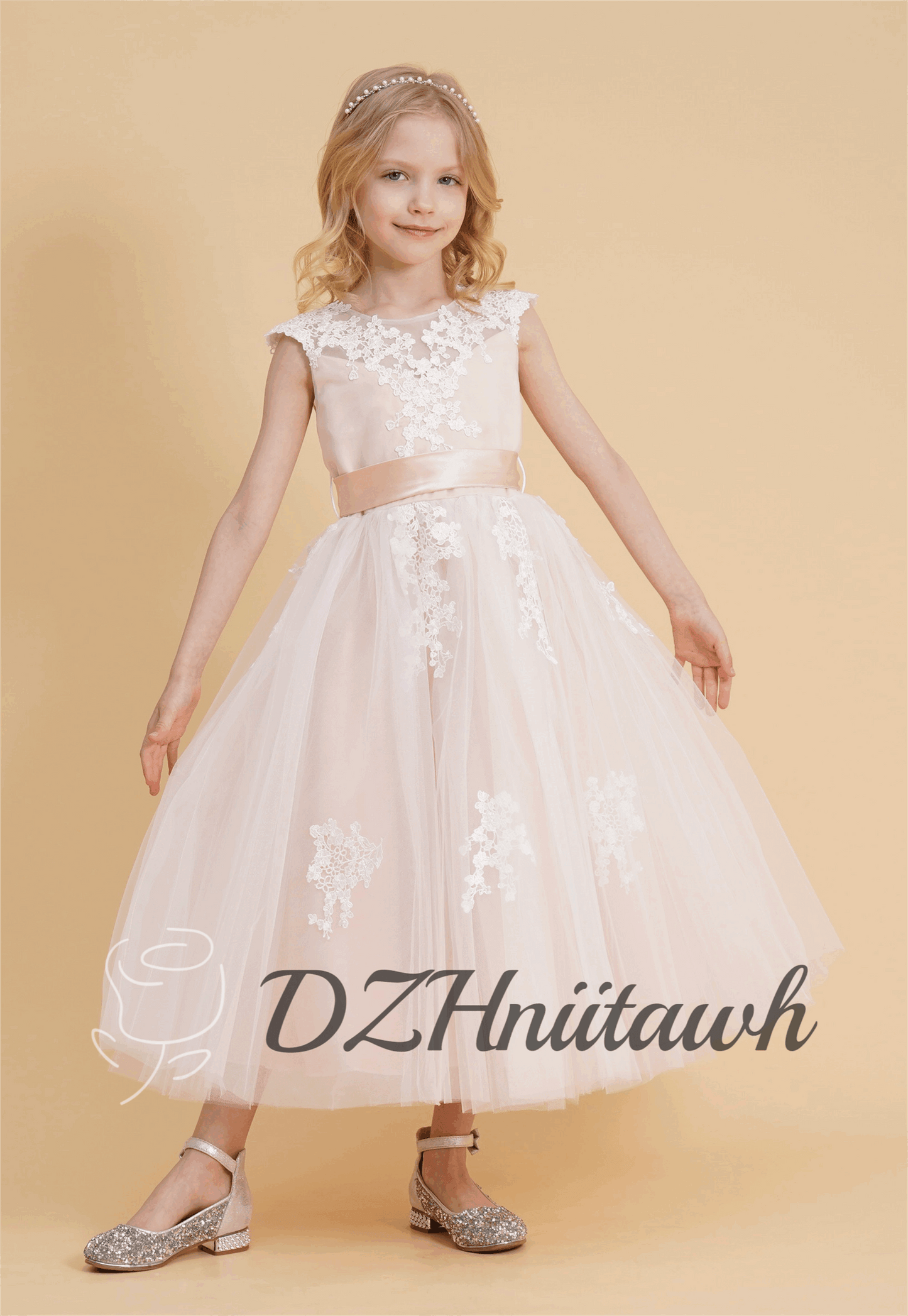 Blush lace flower girl dress, tulle flower girl dress, illusion birthday girl dress with lace applique, tutu flower girl dress tea length