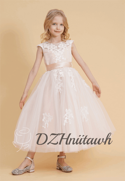 Blush lace flower girl dress, tulle flower girl dress, illusion birthday girl dress with lace applique, tutu flower girl dress tea length