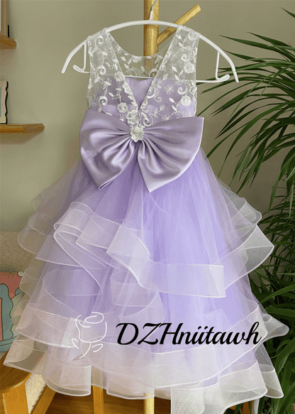 Lace flower girl dress purple color, tulle flower girl dress, illusion birthday girl dress with lace applique, layered flower girl dress