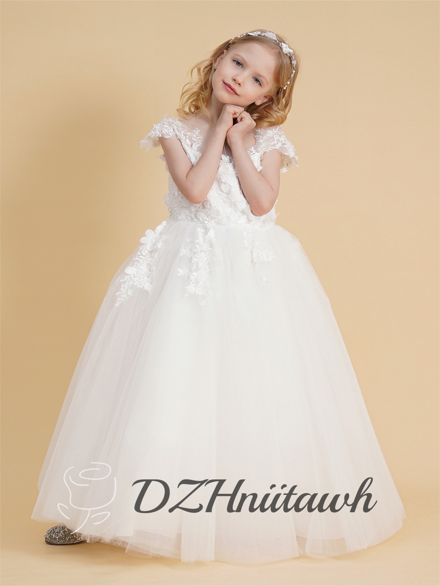 3D Lace flower girl dress off white color, tulle flower girl dress, communion dress, birthday girl dress with floor length